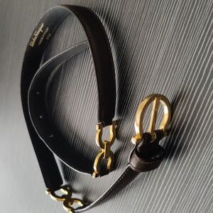 Salvatore Ferragamo Authentic Brown Leather Belt With Signature Gold Buckles